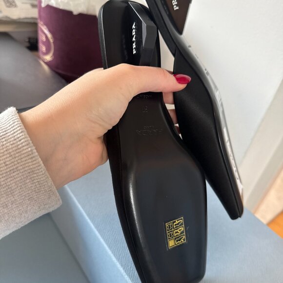 NWT Prada Slip-on mules Black Satin Square Toe Triangle Heels Sz 37 - Picture 9 of 9